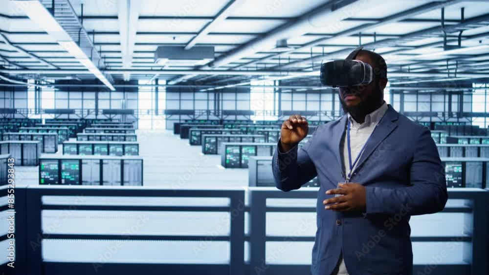 African american developer immersed in virtual reality at data center, doing units maintenance. Technician using VR headset to optimize servers performance, checking operations, camera B African american developer immersed in virtual reality at data center, doing units maintenance. Technician using VR headset to optimize servers performance, checking operations, camera B