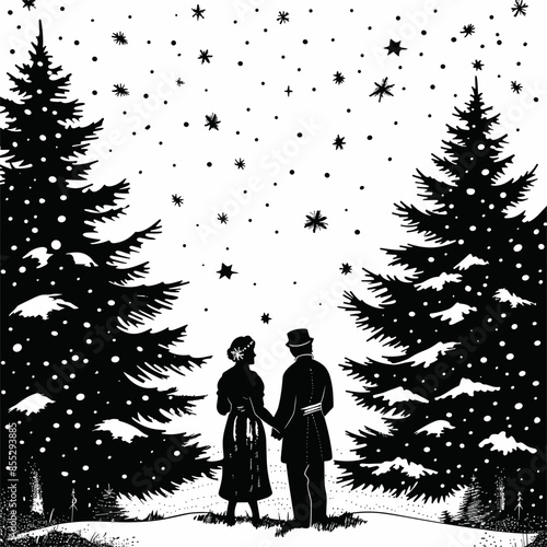 vector silhouette of a man and a girl in ancient clothes near the Christmas tree .Generative AI