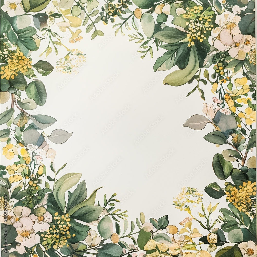 Naklejka premium Floral Frame with Greenery Border on White Background for Invitations and Cards
