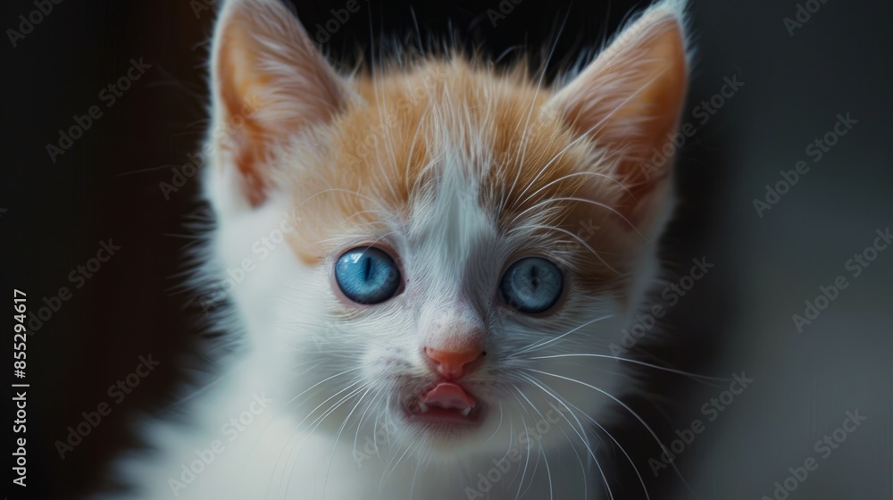 An adorable white and red kitten stares at you, its blue eyes shining. It licks its lips, looking hungry An adorable white and red kitten stares at you, its blue eyes shining. It licks its lips, looking hungry