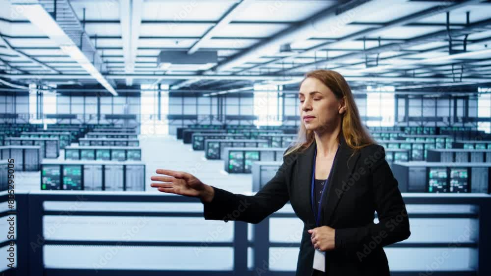 Software developer looking at holograms in data center, monitoring infrastructure. Woman in server room interacting with high tech augmented reality AI visualization, camera B Software developer looking at holograms in data center, monitoring infrastructure. Woman in server room interacting with high tech augmented reality AI visualization, camera B