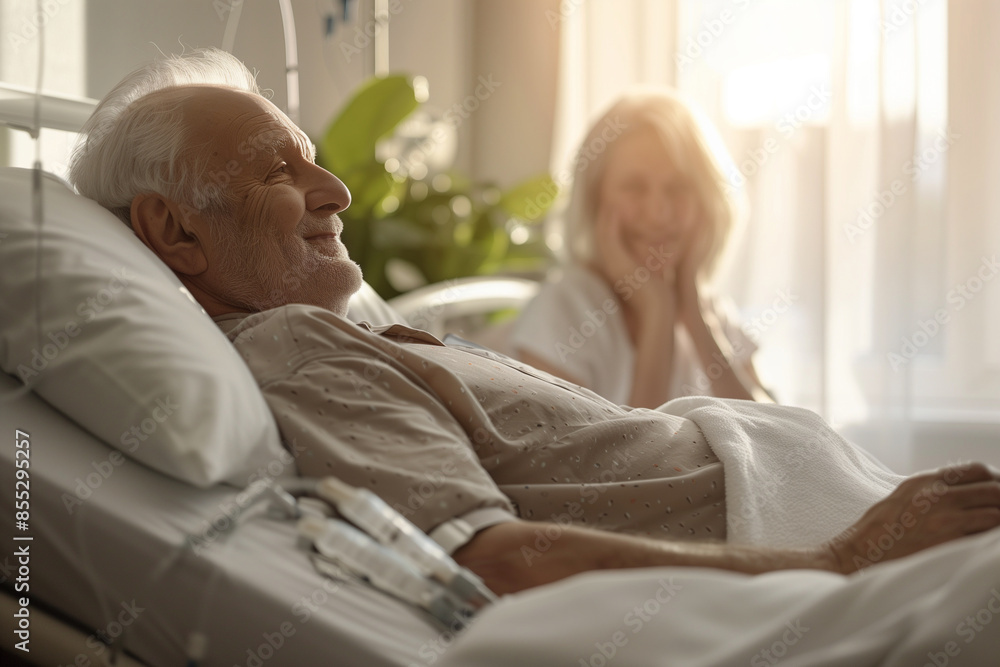 touching scene where a man in his 60s lies in a hospital bed with a gentle smile. Beside him, a woman in her 60s is wiping away tears. The hospital room is bright, with natural lig touching scene where a man in his 60s lies in a hospital bed with a gentle smile. Beside him, a woman in her 60s is wiping away tears. The hospital room is bright, with natural lig