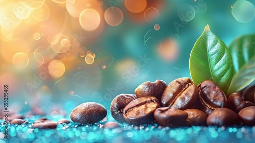  Coffee beans on blue surface with green leaf and soft background lighting