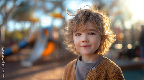 Adorable young boy with tousled blonde hair wearing a sweater, standing outdoors in a park with playground equipment in the background.