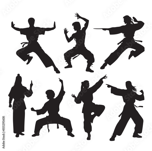 Silhouette of people isolated on white background. Wushu, kung fu, Taekwondo, Aikido. Sports positions. Design elements and icons. Vector illustration. Set