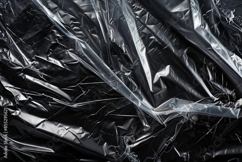 Wrinkled plastic wrap texture on a black background. Cellophane package wallpaper 