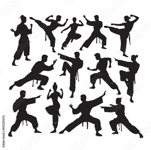 Silhouette of people isolated on white background. Wushu, kung fu, Taekwondo, Aikido. Sports positions. Design elements and icons. Vector illustration. Set