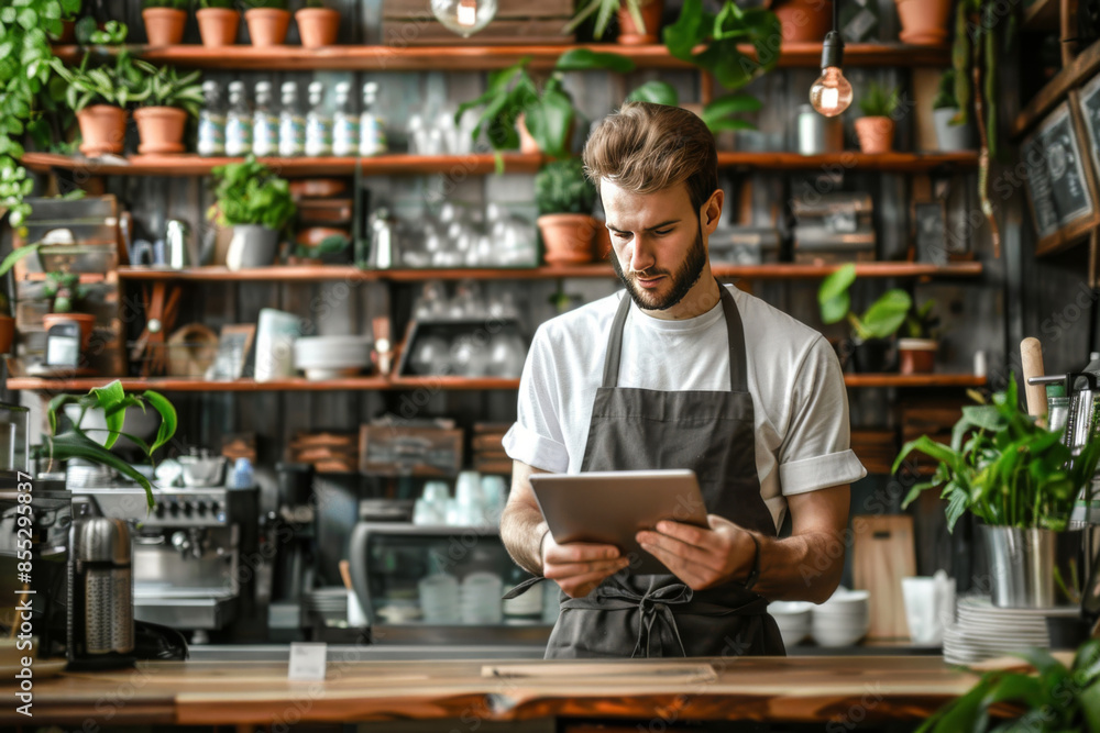 Smiling barista with tablet in cozy coffee shop Smiling barista with tablet in cozy coffee shop