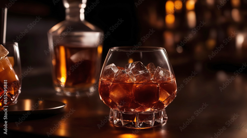 crystal glass with a delicious cocktail on a stand in a bar, crystal glass with a delicious cocktail on a stand in a bar,
