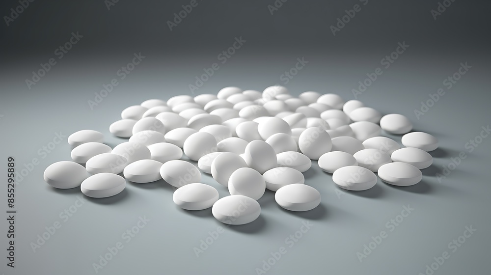 A pile of white pills on a blue surface. The pills are round and have a smooth surface. They are scattered in a random pattern. A pile of white pills on a blue surface. The pills are round and have a smooth surface. They are scattered in a random pattern.