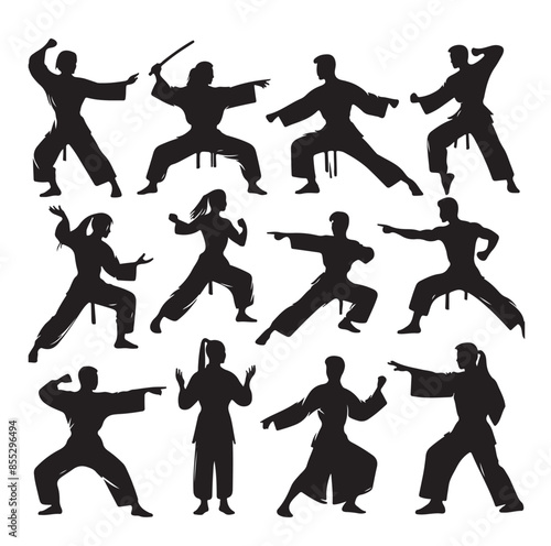 Silhouette of people isolated on white background. Wushu, kung fu, Taekwondo, Aikido. Sports positions. Design elements and icons. Vector illustration. Set