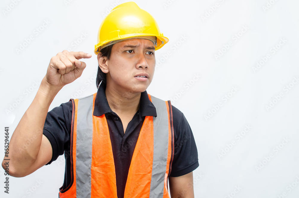 stressed overworked concept illustrated by asian male construction worker in orange vest and yellow safety helmet with furious, mad, sad, angry expression. stressed overworked concept illustrated by asian male construction worker in orange vest and yellow safety helmet with furious, mad, sad, angry expression.