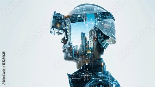 Portrait of a male construction worker wearing a hard hat and virtual reality goggles.