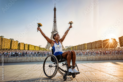 Young adult disabled African woman in wheelchair. Concept of female athlete with gold medal celebrating victory at the competition, rising hands, Eiffel Tower behind