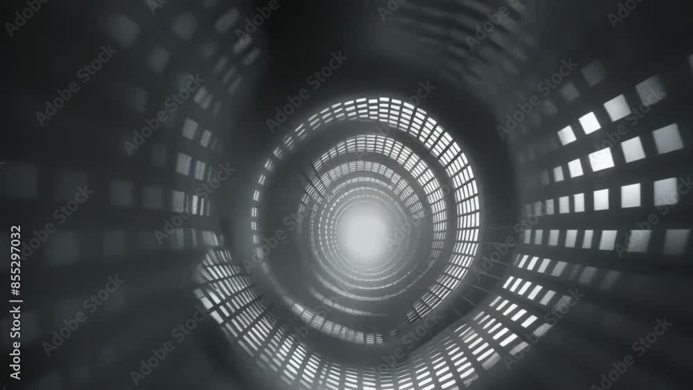 A black and white image of a futuristic tunnel with a grid pattern spiraling towards a bright light. The geometric design creates a sense of depth and infinity. The atmosphere is abstract and modern. A black and white image of a futuristic tunnel with a grid pattern spiraling towards a bright light. The geometric design creates a sense of depth and infinity. The atmosphere is abstract and modern.
