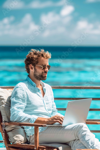 In the image, a man is relaxing in a chair, using a laptop computer for leisure
