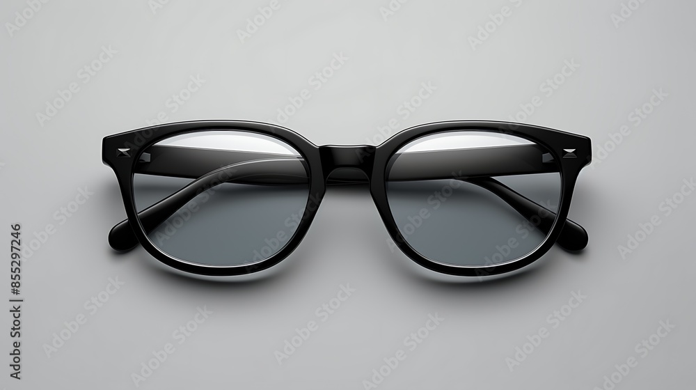 Black plastic semi-rimless eyeglasses with round lenses on a gray background. Black plastic semi-rimless eyeglasses with round lenses on a gray background.