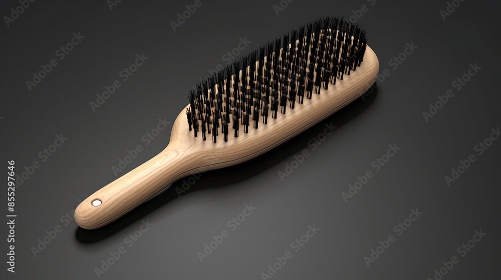 **Assistant** This is a 3D rendering of a hairbrush. The brush has a wooden handle and black bristles. It is lying on a dark surface. **Assistant** This is a 3D rendering of a hairbrush. The brush has a wooden handle and black bristles. It is lying on a dark surface.