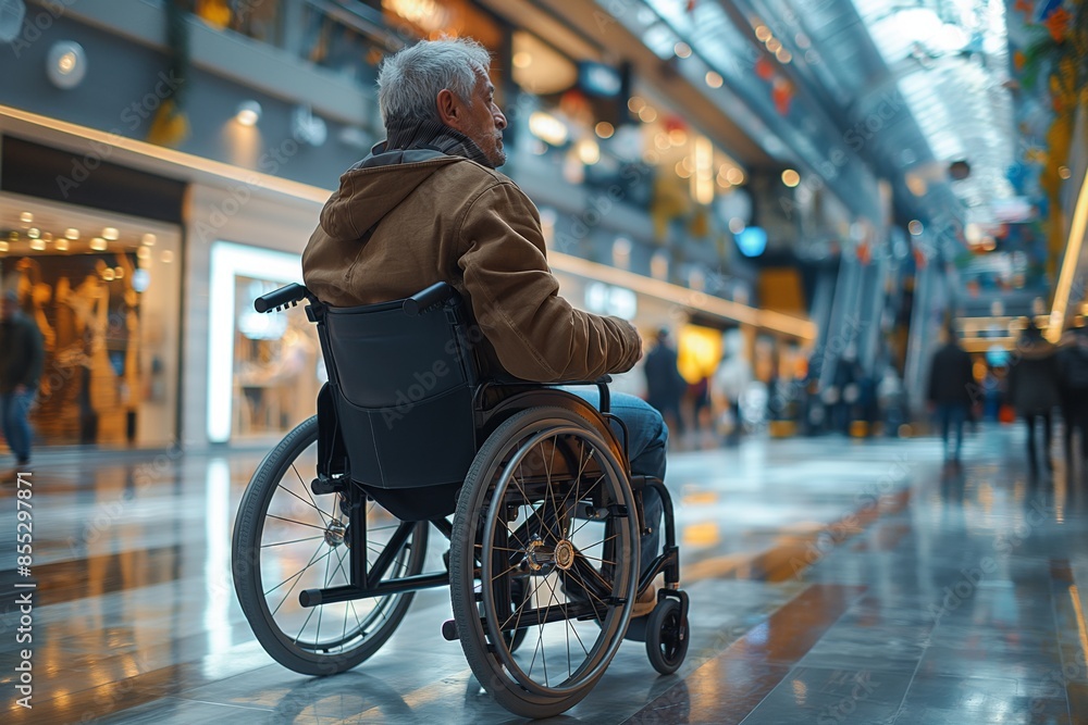 Obraz premium An elderly man in a wheelchair is seen navigating a modern shopping mall, representing accessibility and daily life challenges