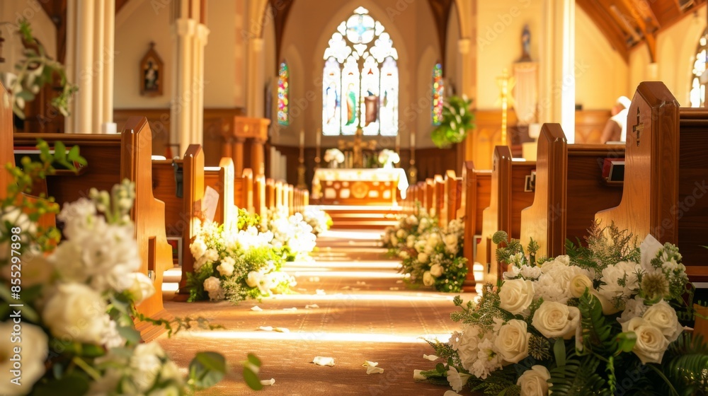 A beautiful church aisle decorated with white flowers for a wedding ceremony. The aisle is lined with wooden pews and the sunlight shines through the stained glass windows.