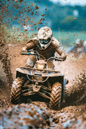 A man is driving an allterrain vehicle across a muddy field, revving up offroad adventure photo