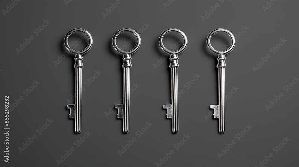 Four silver keys on a gray background. The keys are arranged in a row, with the key on the left slightly offset from the others. Four silver keys on a gray background. The keys are arranged in a row, with the key on the left slightly offset from the others.