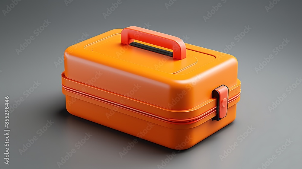 A bright orange plastic toolbox with a red handle. The toolbox is closed and there is a small black lock on the front. A bright orange plastic toolbox with a red handle. The toolbox is closed and there is a small black lock on the front.
