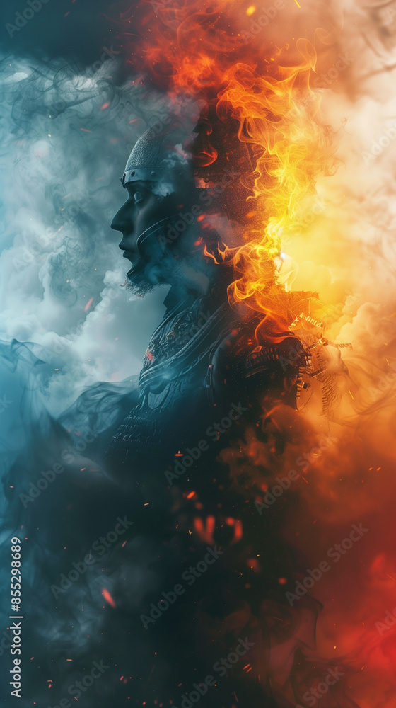 Surreal Silhouette of a Warrior with Fiery Cloud Effects
Surreal Silhouette of a Warrior with Fiery Cloud Effects