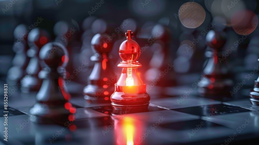 A red chess piece is lit up from within, casting a warm glow, on a black and white chessboard. The other pieces are blurred in the background. A red chess piece is lit up from within, casting a warm glow, on a black and white chessboard. The other pieces are blurred in the background.