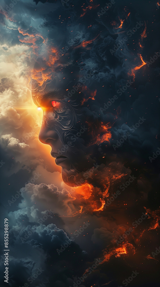 Surreal Profile of a Person's Face with Intense Fire and Smoke Effects
Surreal Profile of a Person's Face with Intense Fire and Smoke Effects