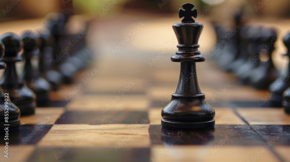 A black king chess piece stands alone in the center of a chessboard with blurred black pieces on both sides. A black king chess piece stands alone in the center of a chessboard with blurred black pieces on both sides.