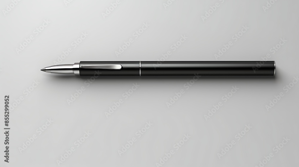 A sleek black pen with silver accents lies on a solid white background. The pen is simple and elegant, with a modern design. A sleek black pen with silver accents lies on a solid white background. The pen is simple and elegant, with a modern design.