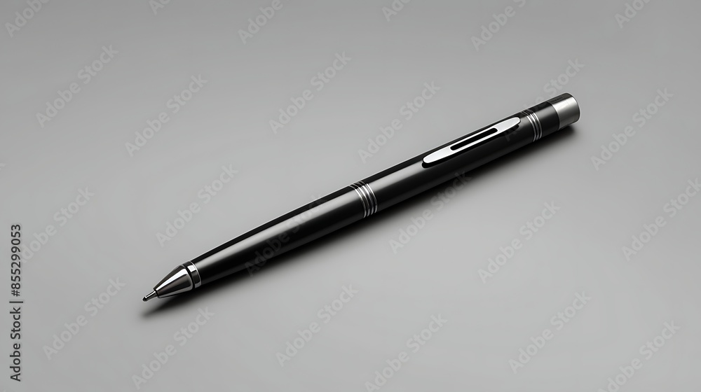 Black metal pen on a gray background. The pen is sleek and stylish, with a shiny silver clip. It is perfect for everyday use. Black metal pen on a gray background. The pen is sleek and stylish, with a shiny silver clip. It is perfect for everyday use.