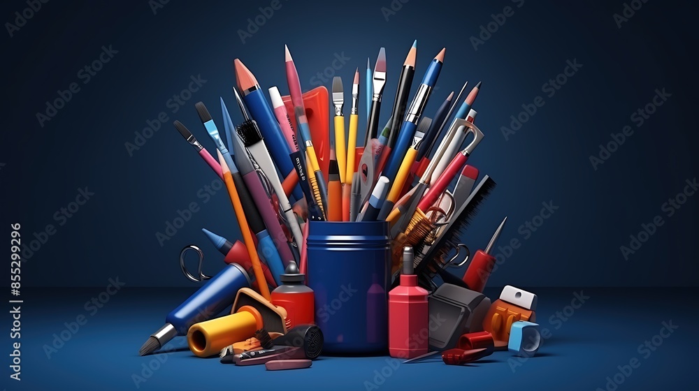Obraz premium A variety of art supplies are arranged in a blue container on a blue background.