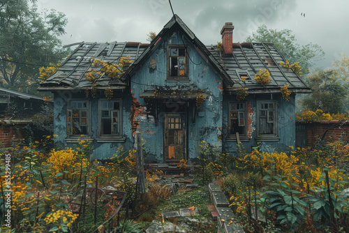 Wallpaper Mural A ruined home with broken windows and overgrown weeds, illustrating neglect. Concept of decay and abandonment. Generative Ai. Torontodigital.ca