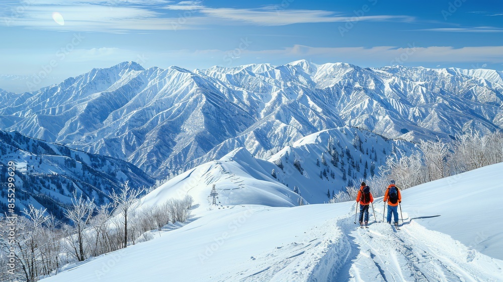 Two People Standing on Top of a Snow Covered Mountain Two People Standing on Top of a Snow Covered Mountain