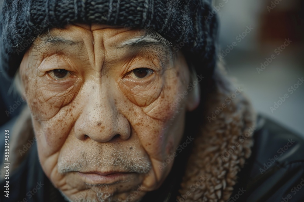 Senior asian man wearing winter clothes looking at camera Senior asian man wearing winter clothes looking at camera