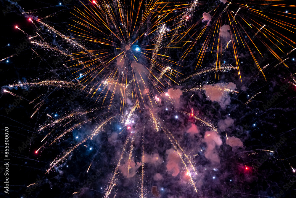 Fototapeta premium Beautiful fireworks at night. Selective focus. 