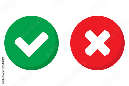 Right or wrong icons. Green tick and red cross checkmarks. Yes or no symbol, approved or rejected icon for user interface.