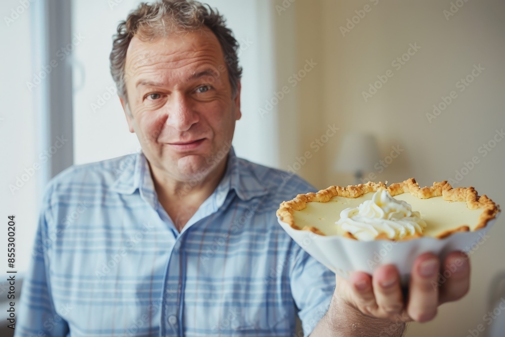 Baker holding delicious lemon pie with cream topping Baker holding delicious lemon pie with cream topping