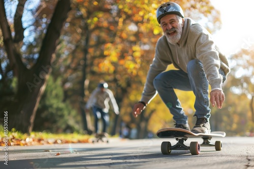 Senior man having fun riding longboard in the park © ChaoticMind
