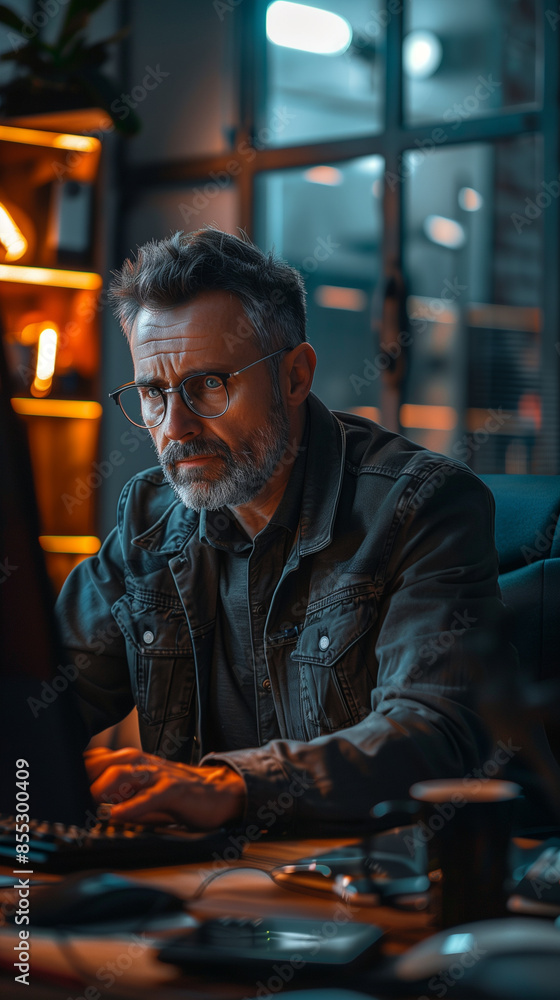 Businessman Interacting With Chatbot on Computer at Night Businessman Interacting With Chatbot on Computer at Night