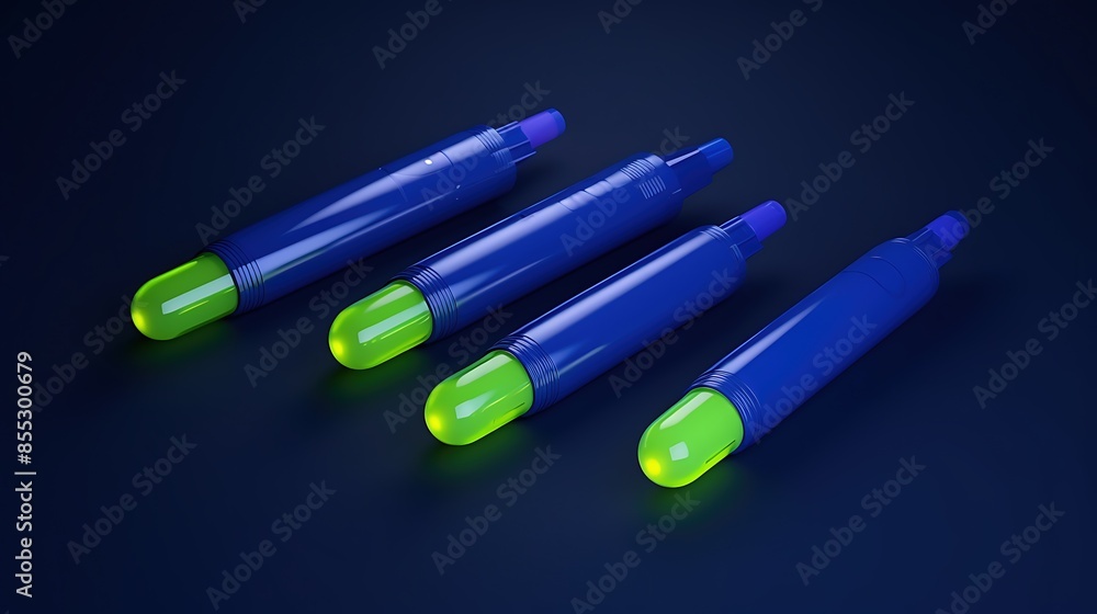 3D rendering illustration of a set of four blue and green glowing highlighters on a dark blue background. 3D rendering illustration of a set of four blue and green glowing highlighters on a dark blue background.