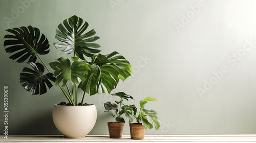 Monstera pot on a wooden table scandinavian style room wall with copy space AI Generated