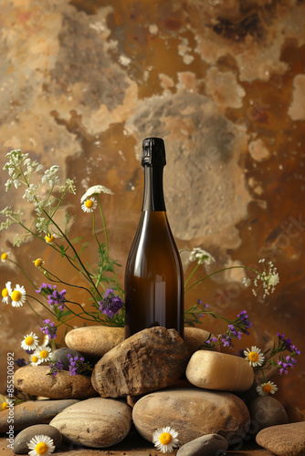 A Single Bottle of Wine Resting on Smooth River Rocks Surrounded by Delicate Wildflowers