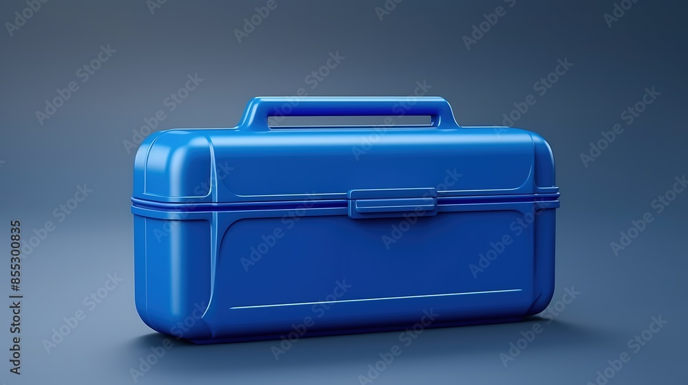 A blue plastic toolbox is sitting on a blue background. The toolbox is closed and has a handle on top. A blue plastic toolbox is sitting on a blue background. The toolbox is closed and has a handle on top.