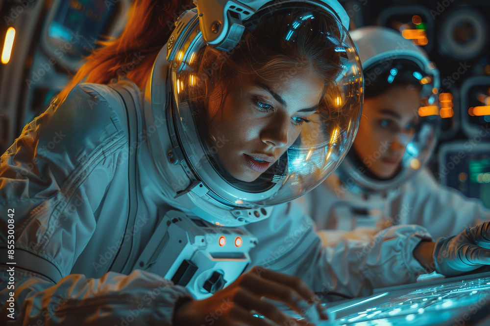 Obraz premium A team of scientists analyzing data in a space station, showcasing collaboration. Concept of teamwork and scientific research. Generative Ai.