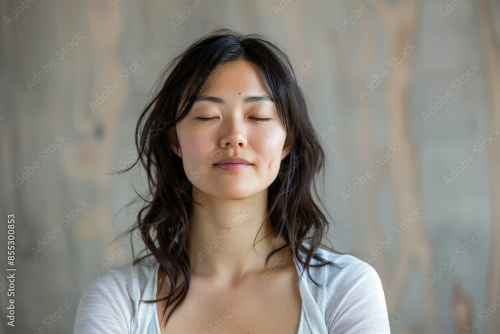 Young woman meditating with eyes closed relaxing Young woman meditating with eyes closed relaxing
