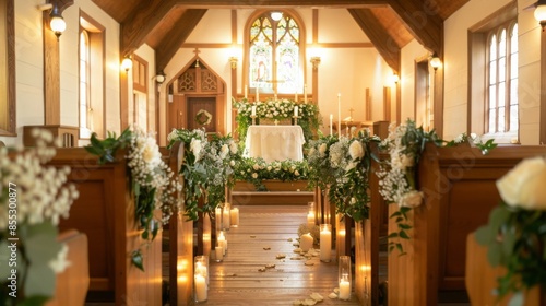 Aisle of a church decorated for a wedding ceremony, with white flowers, greenery, and candles.