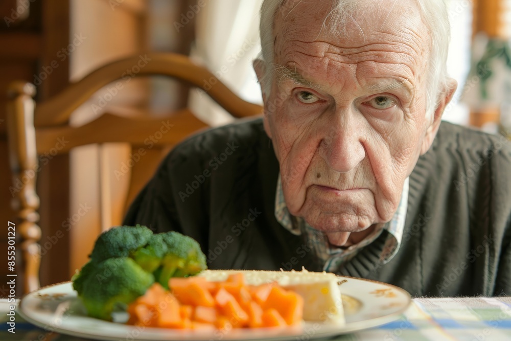 Senior man frowning at healthy food in retirement home Senior man frowning at healthy food in retirement home